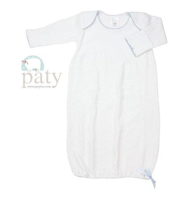 Paty L/S Lap Shoulder Gown-White w/Blue Trim