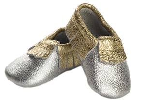 Moc Happens Leather Baby Moccasins- Precious Metal