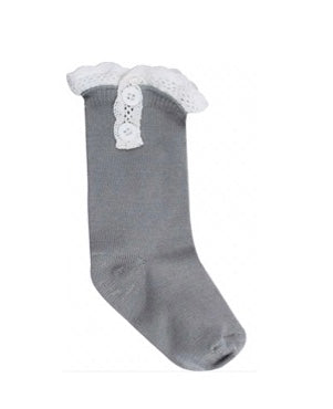 Baby Deer Girls Boot Socks-Grey/Ivory Lace Ruffle