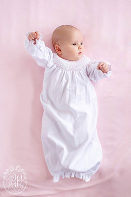 TBBC-Smocked Greeting Gown Worth Avenue White with Palm Beach Pink