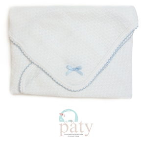 Paty Swaddle Blanket-White w/Blue Trim with Bow