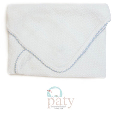 Paty Swaddle Blanket-White w/Blue Trim No Bow