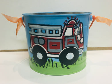 Painted Easter Bucket-Blue w/Bunny & Firetruck