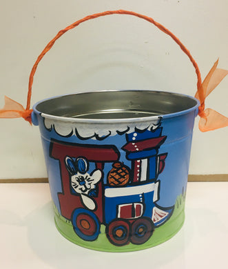 Painted Easter Bucket-Blue w/Bunny & Train