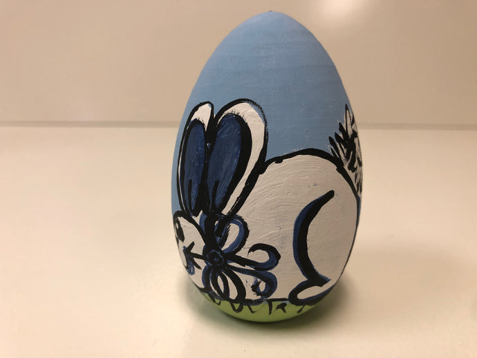 Painted Wooden Easter Egg-Large Blue Bunny